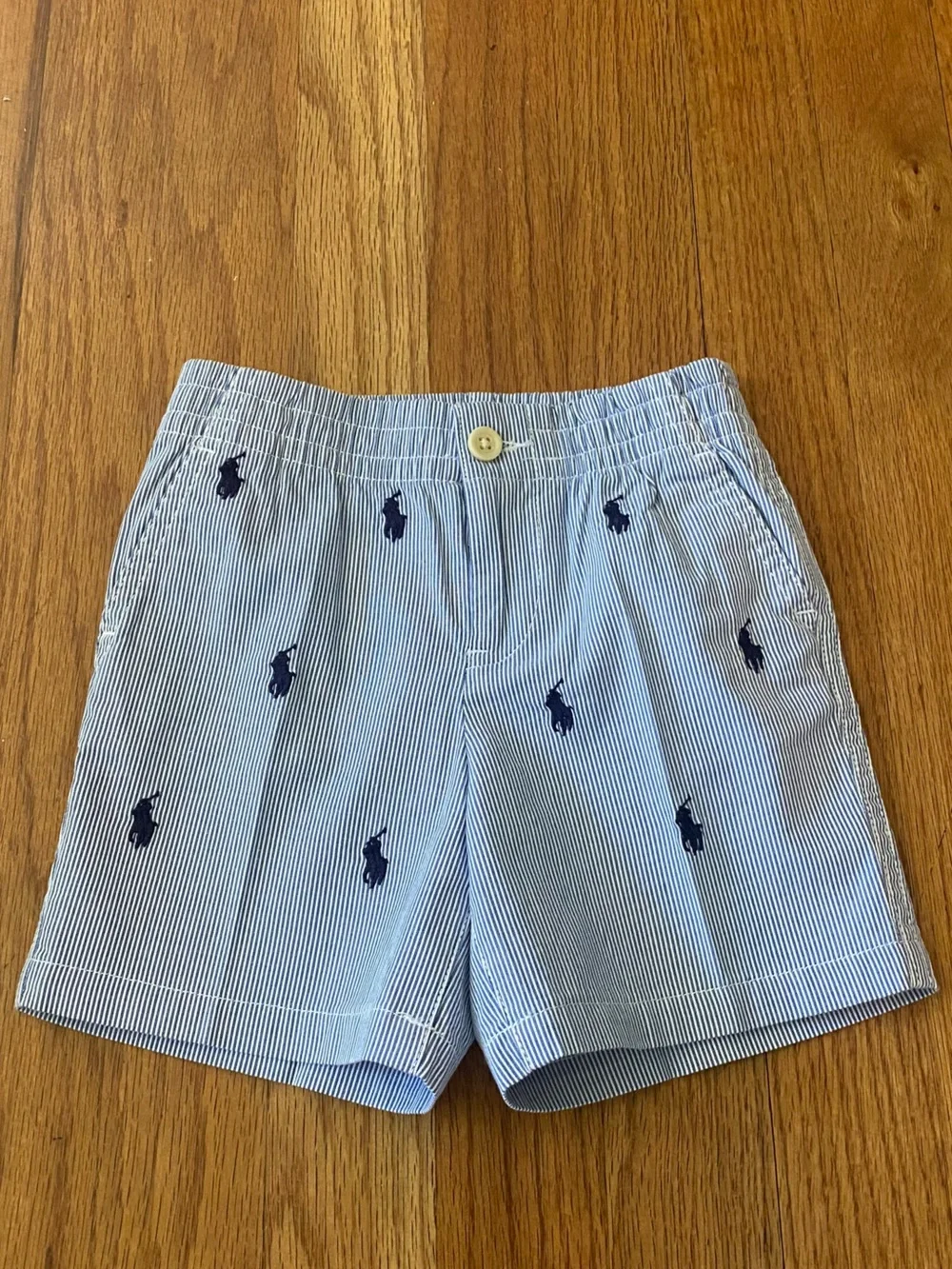 Ralph Lauren White Polo Shirt with Blue Stripe Embroidered Pony’s Shorts Set